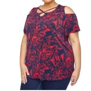 Catherines Women’s Top 2x  Red/Navy Tropical  Floral Cold Shoulder